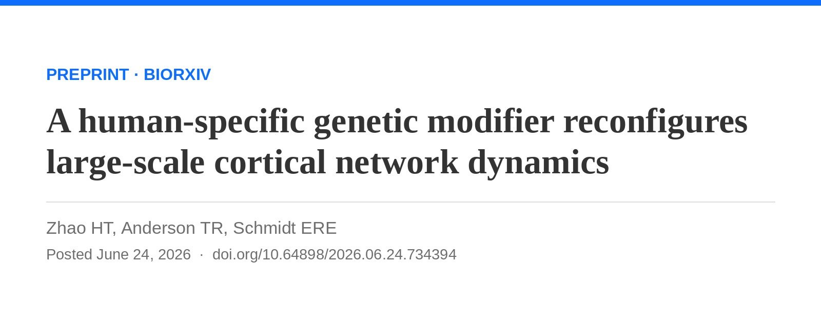 New preprint: a human-specific genetic modifier reconfigures large-scale cortical network dynamics